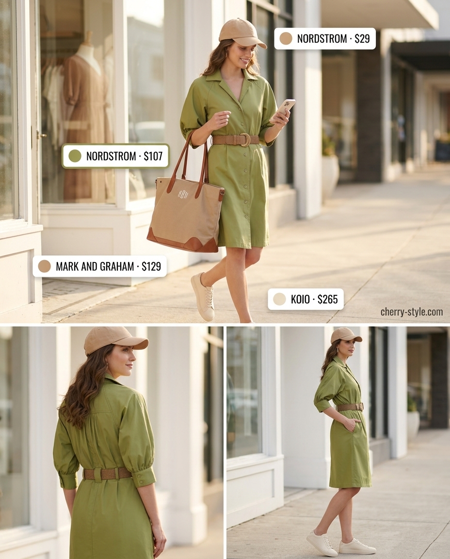 Effortless olive green shirtdress with tan cap, cream sneakers, and canvas tote for summer 2026.