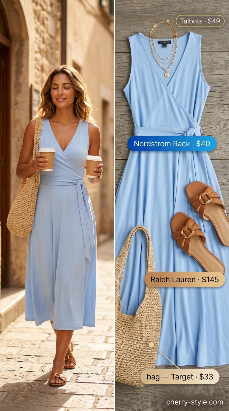 Airy sky blue wrap dress with tan slides, straw tote, and layered gold necklaces for summer 2026.
