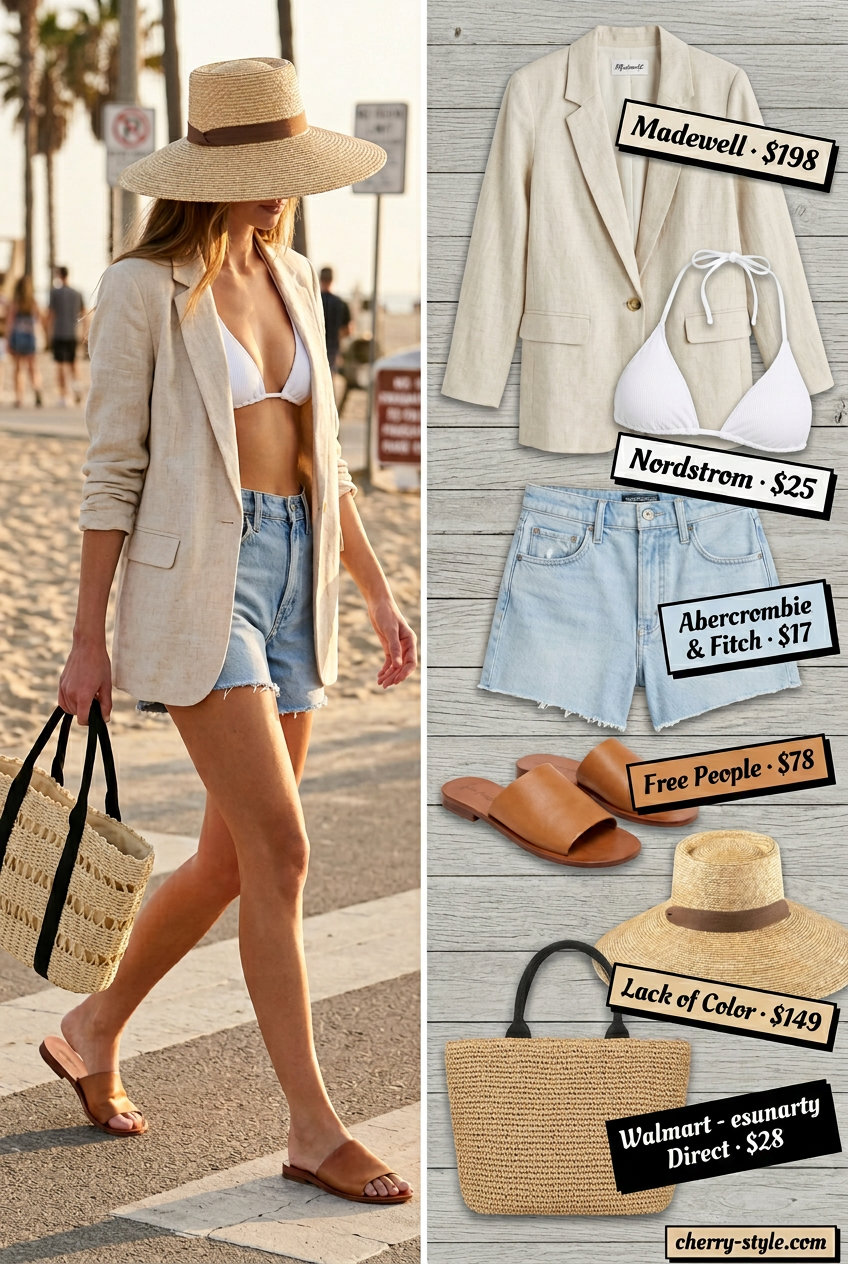 Boho beach outfit with a beige linen blazer, denim shorts, and white bikini. Summer blazer outfits for women 2026.