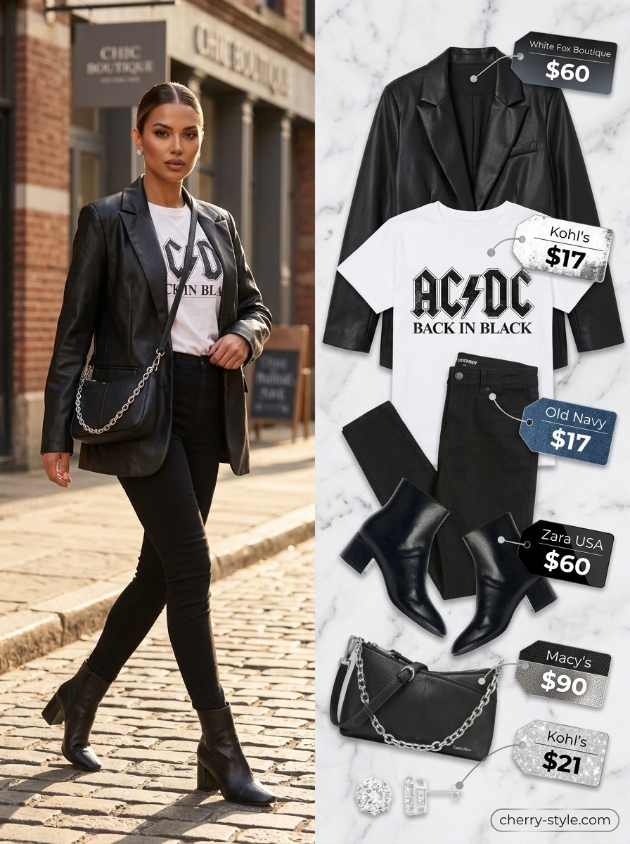Edgy black faux leather blazer with skinny jeans and band tee. Summer blazer outfits for women 2026.