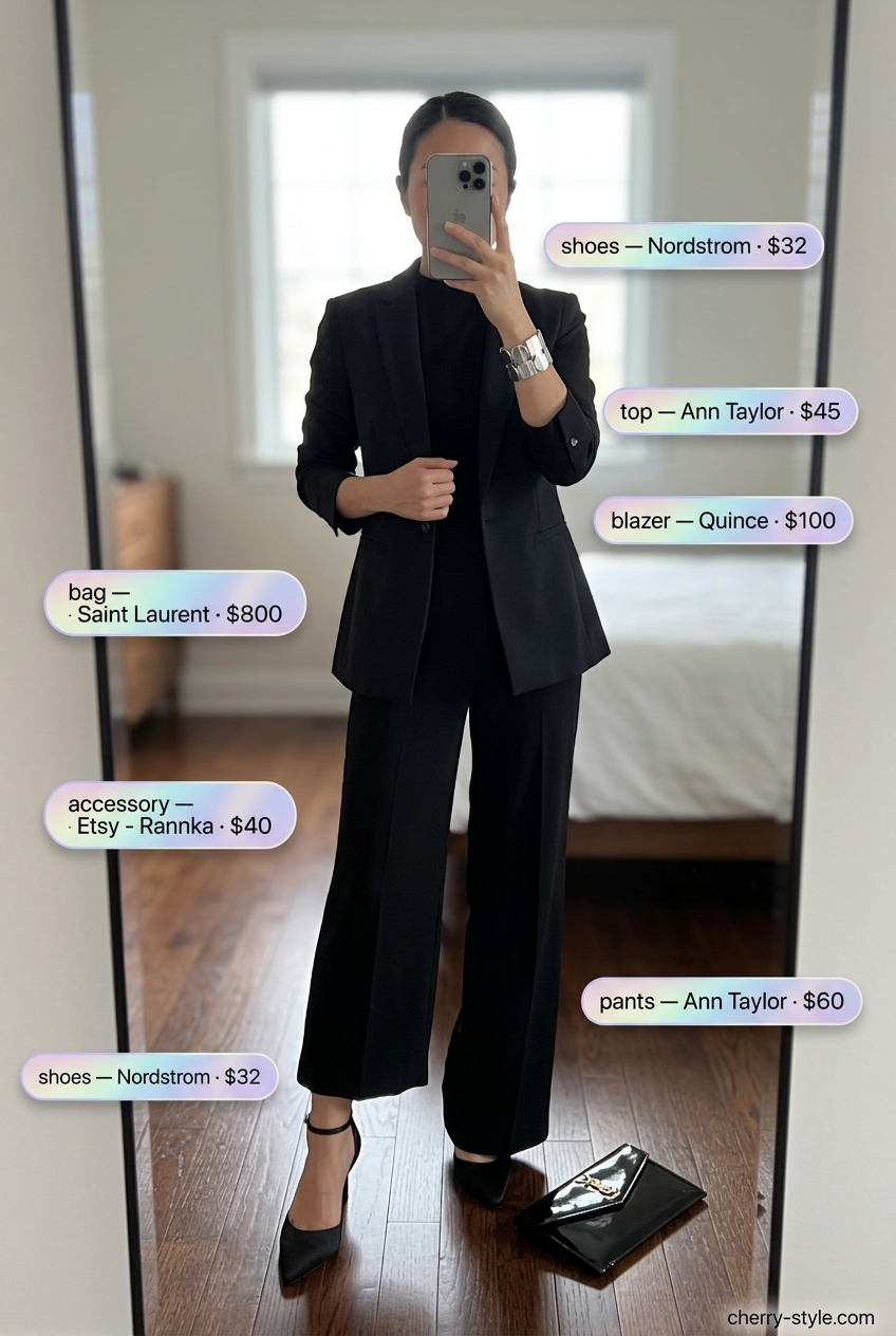 All black blazer outfit for women 2026, chic for business casual and evening drinks.
