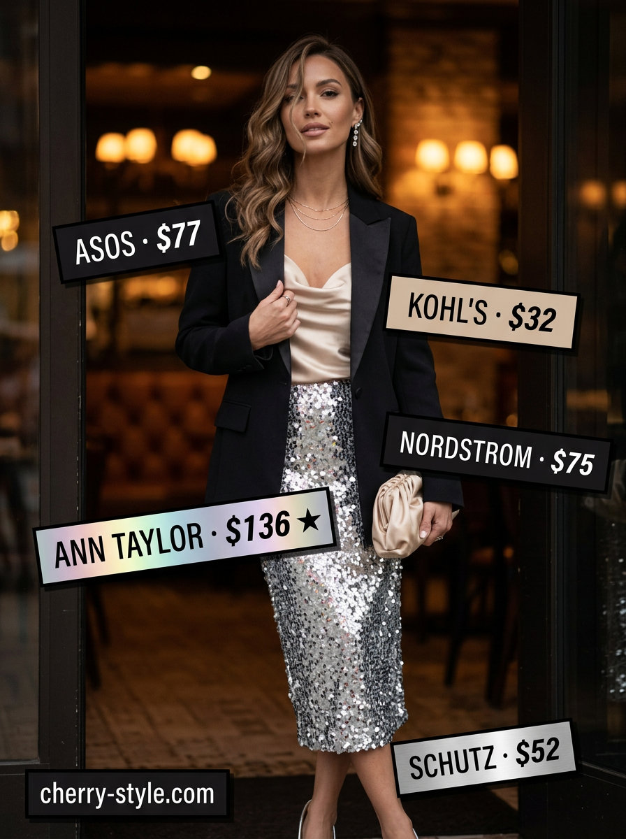 Black blazer with sequin skirt for women 2026, perfect for evening events and cocktail parties.
