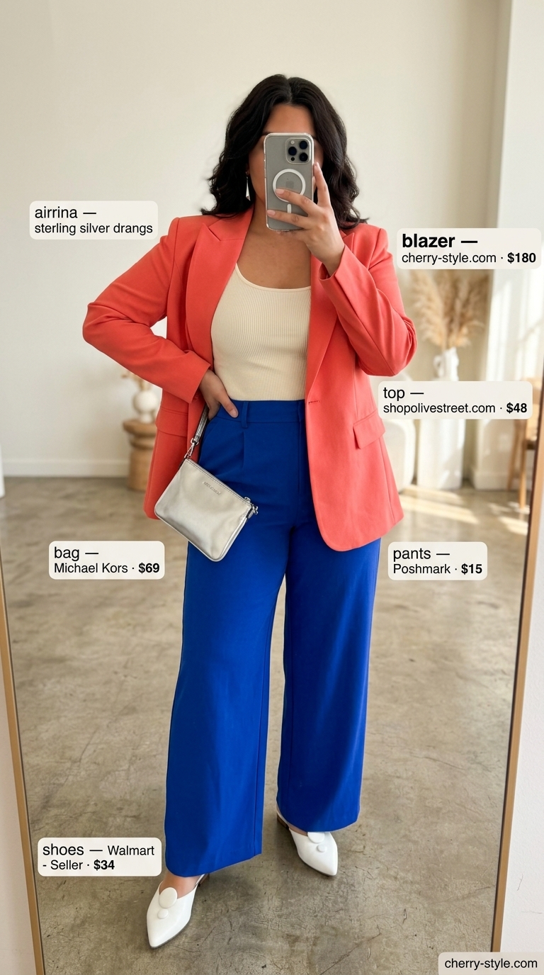 Bold coral and cobalt blue color block blazer outfit. Summer blazer outfits for women 2026.