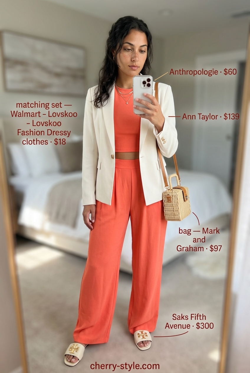 Coral matching set with gold necklace and straw bag for summer blazer outfits for women 2026.