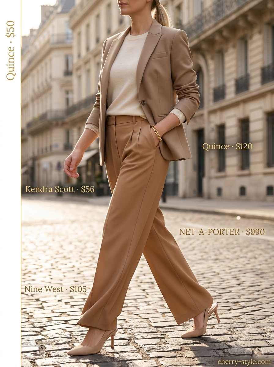 Monochromatic beige linen blazer outfit with wide-leg pants. Summer blazer outfits for women 2026.