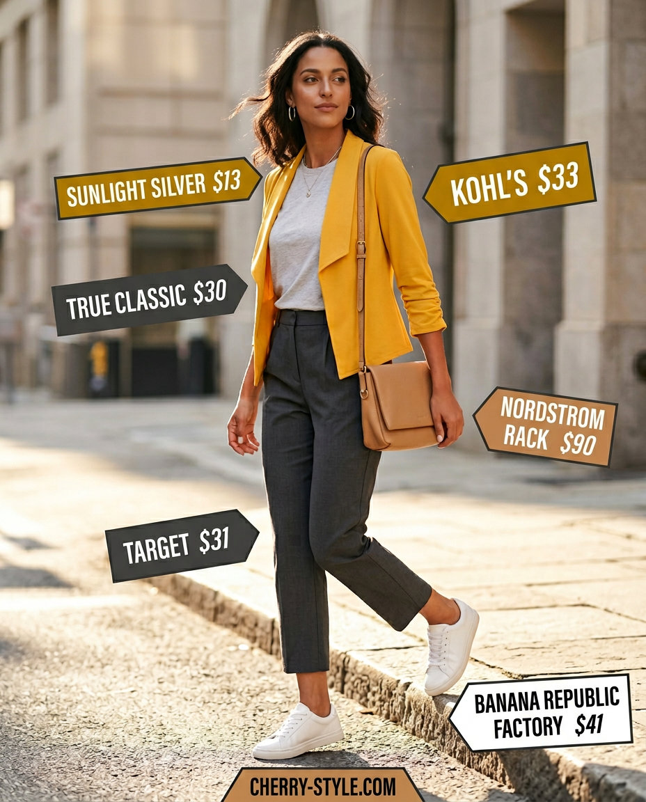 Mustard yellow knit blazer outfit for women 2026, great for casual weekends and travel.