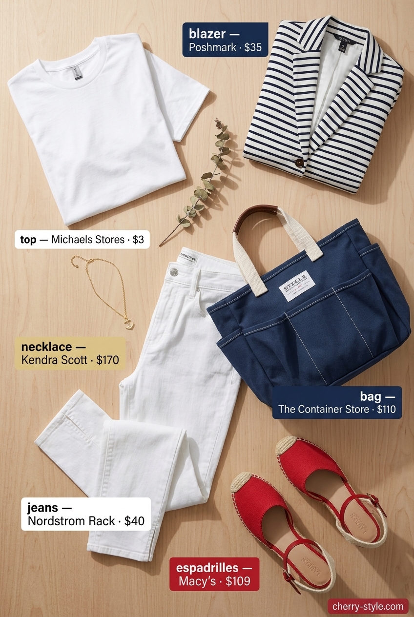 Nautical navy and white striped blazer with white capris. Summer blazer outfits for women 2026.