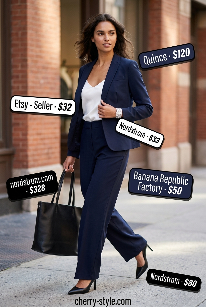 Navy blazer, white camisole, and wide-leg trousers for summer blazer outfits for women 2026.