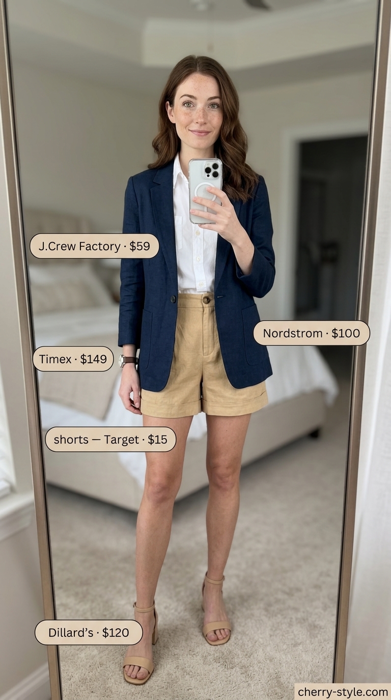 Navy linen blazer with tan shorts for women 2026, ideal for office casual and smart daytime.
