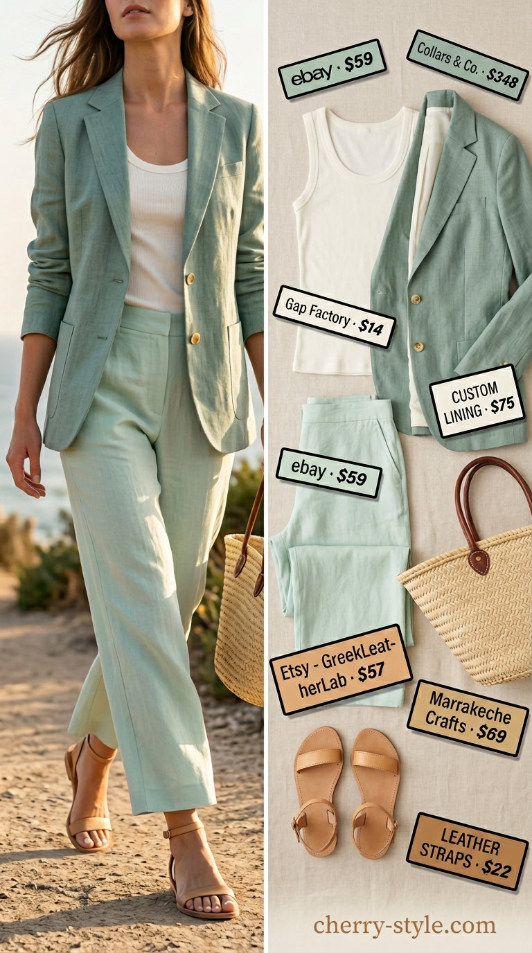 Seafoam green linen blazer with matching pants and ivory tank. Summer blazer outfits for women 2026.