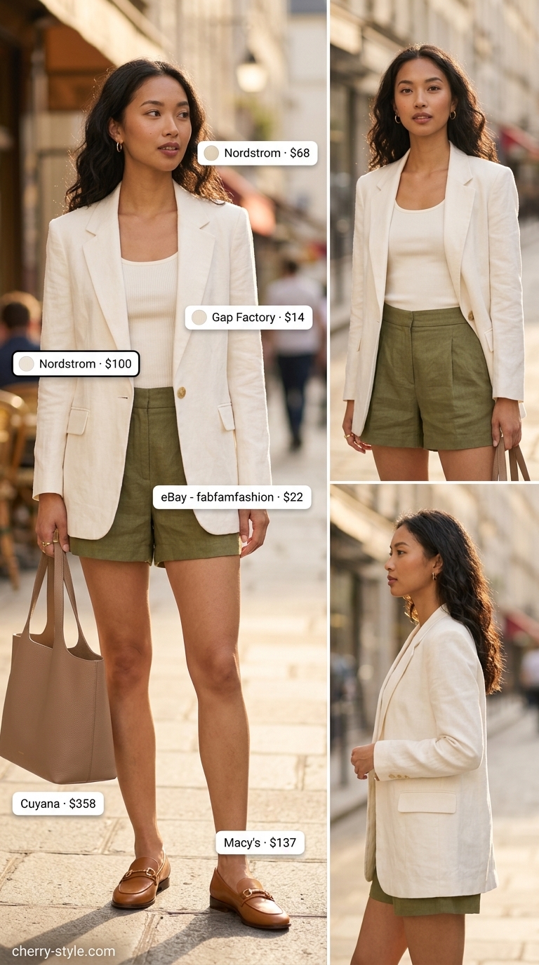 Chic white linen blazer with olive green shorts and tan loafers. Summer blazer outfits for women 2026.