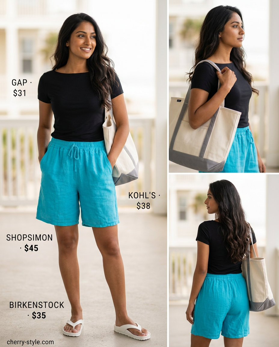 Summer boat neck outfits for women 2026: White boat neck tee, turquoise linen shorts, straw hat for beach day.