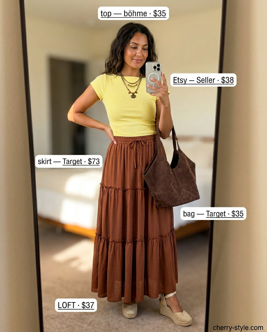 Mustard boat neck top, tiered maxi skirt, and espadrilles for bohemian summer Boat Neck outfits for women 2026.