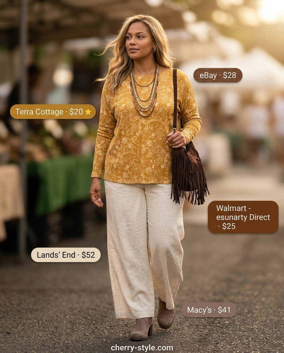 Mustard print boat neck top, cream palazzo pants, and fringe bag for boho festival summer Boat Neck outfits for women 2026.