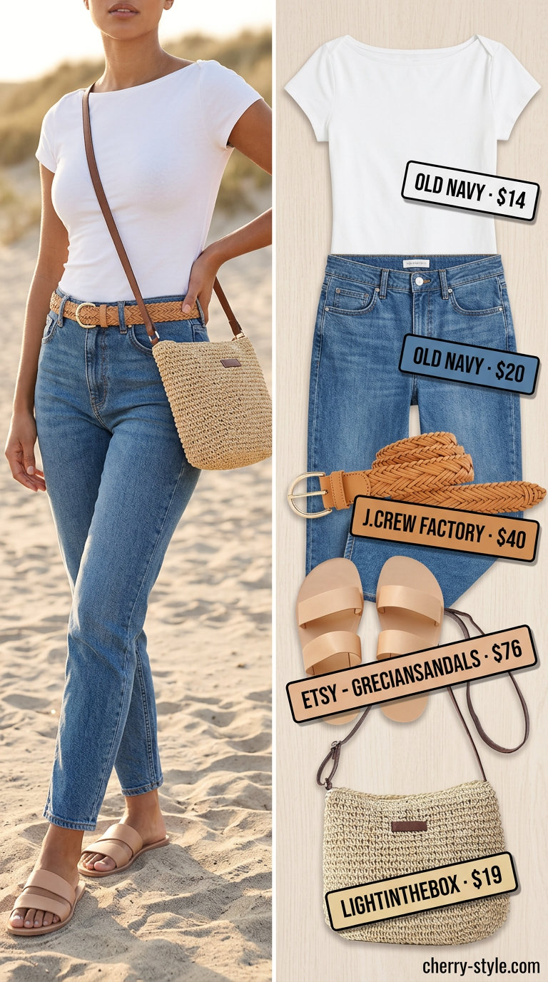 Summer boat neck outfits for women 2026: White boat neck tee, denim shorts, tan slides for coastal breeze.