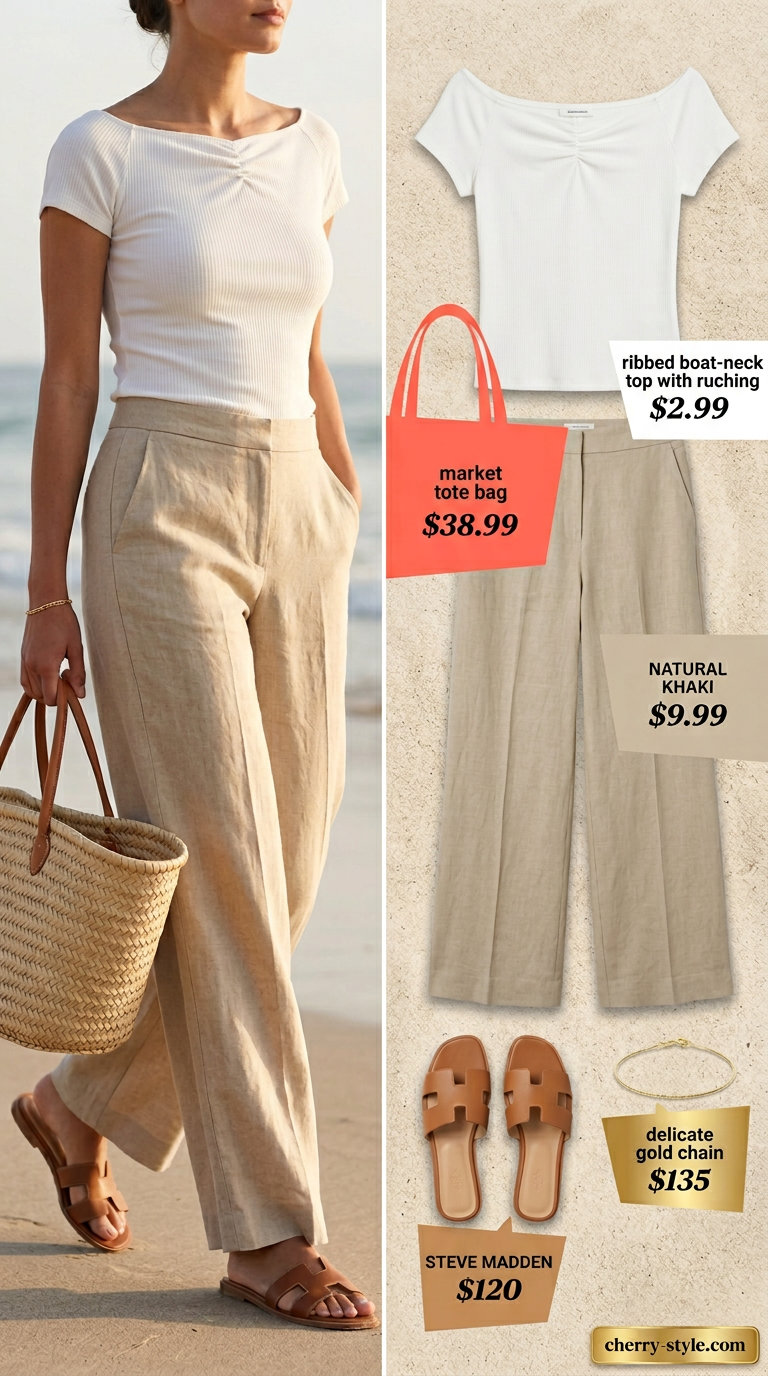 White boat neck top, khaki linen pants, and flat sandals for coastal breeze summer Boat Neck outfits for women 2026.