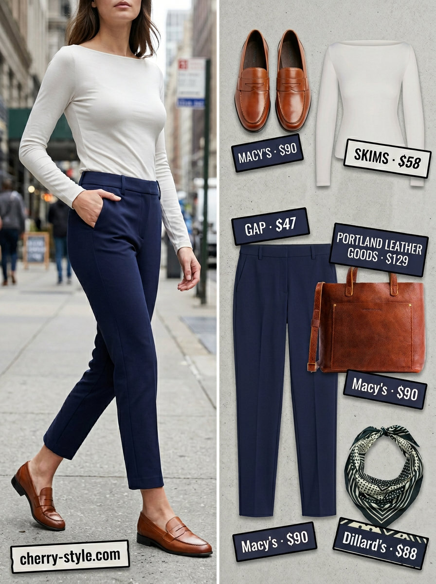 Cream boat neck top & navy pants weekend travel outfits for women 2026.