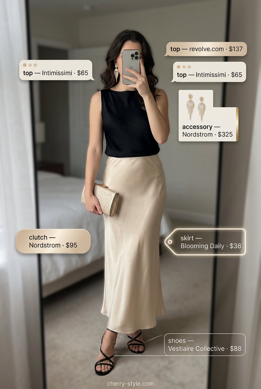 Black boat neck top, champagne satin skirt, and strappy heels for elegant evening summer Boat Neck outfits for women 2026.