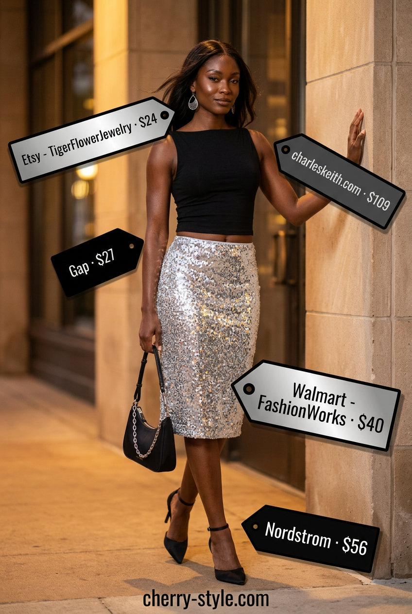 Black boat neck top, sequin midi skirt, and black heels for cocktail party summer Boat Neck outfits for women 2026.