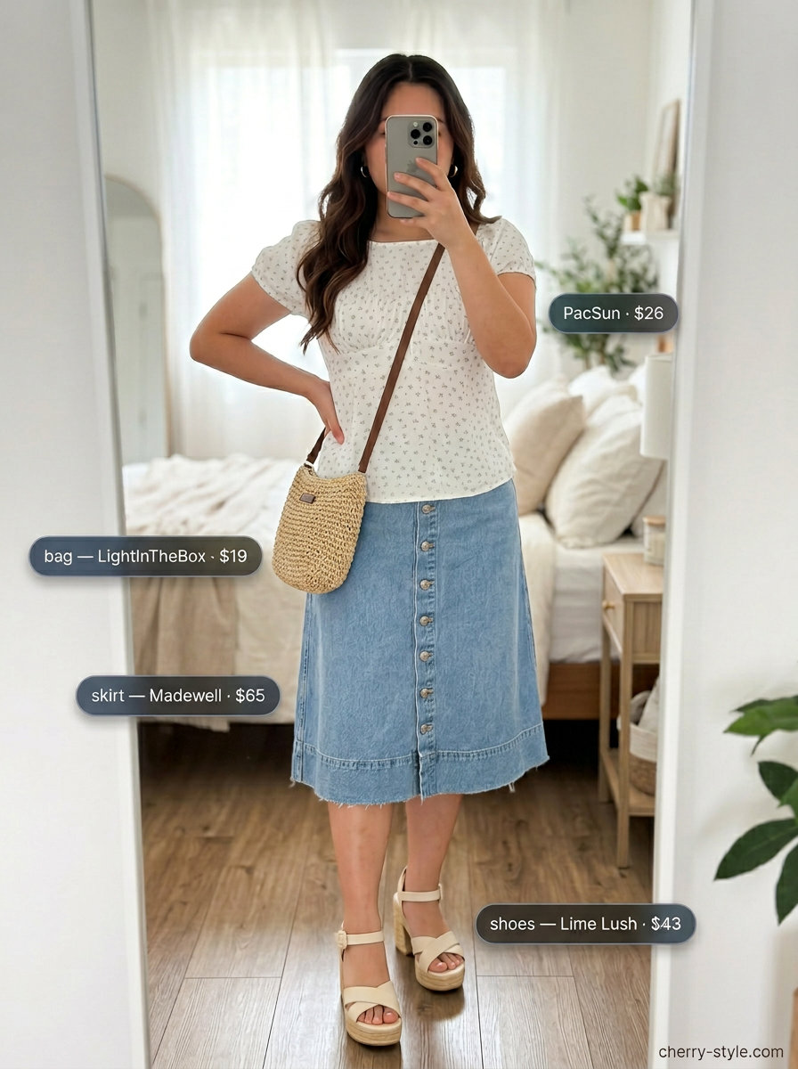 Floral boat neck top & denim midi skirt garden party outfits for women 2026.