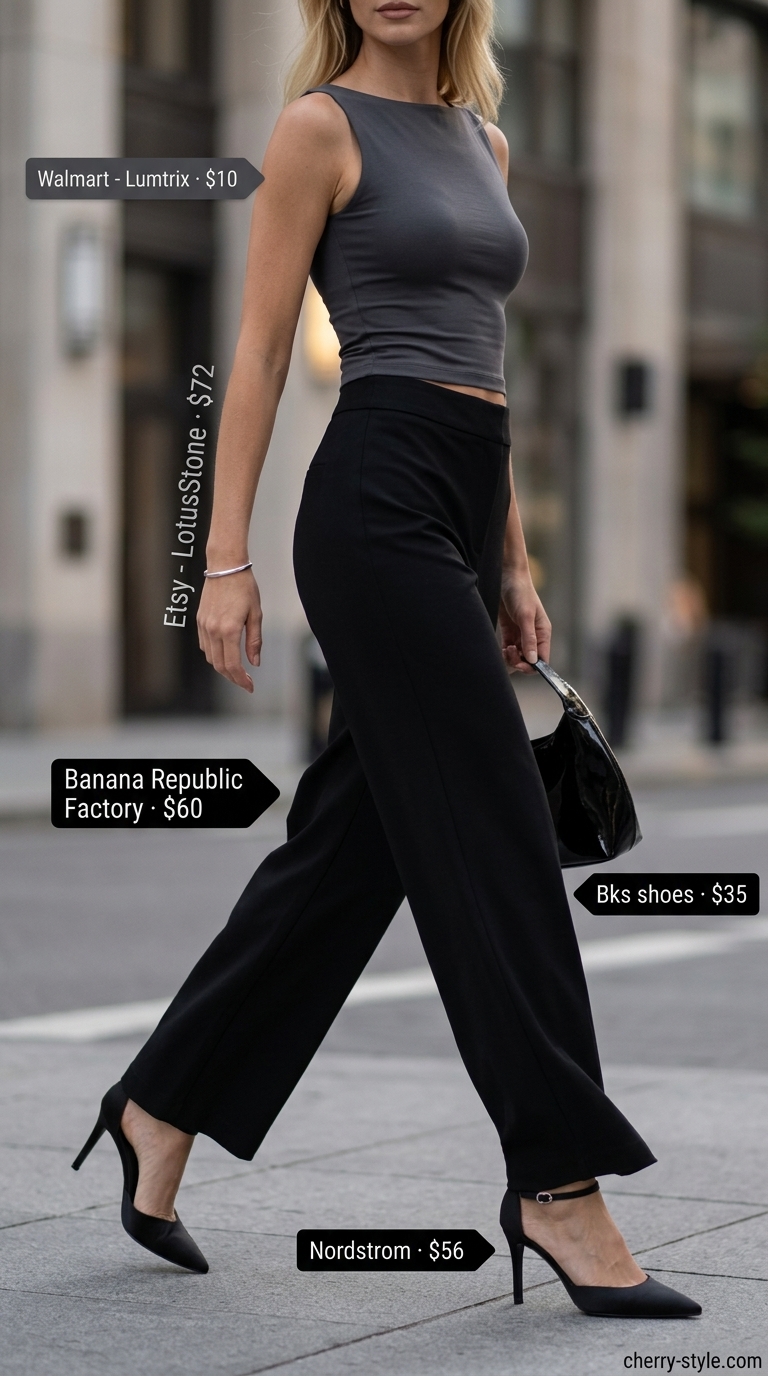 Summer boat neck outfits for women 2026: Black wide-leg trousers, sleeveless boat neck top, stiletto heels for minimalist evening.