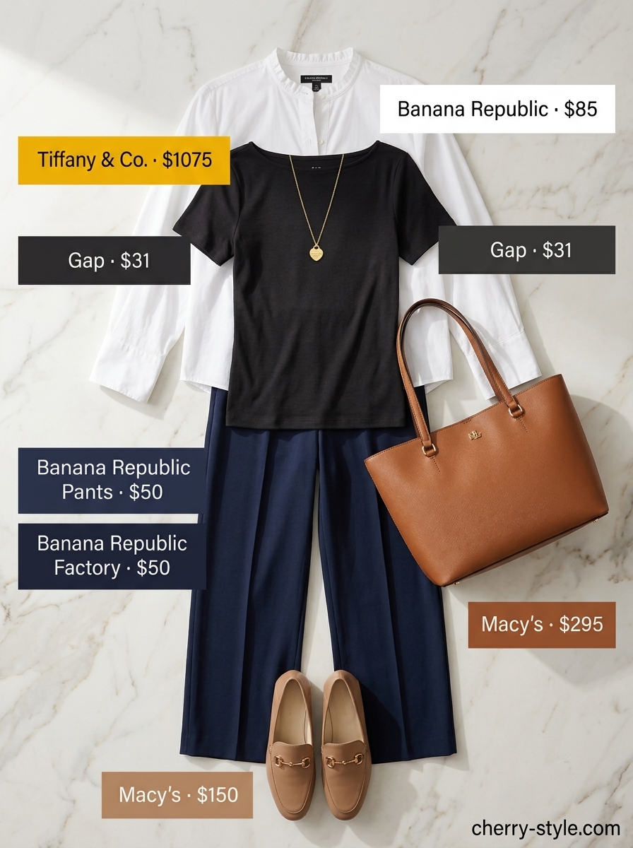 Summer boat neck outfits for women 2026: Navy wide-leg trousers, white boat neck blouse, tan loafers for modern workwear.