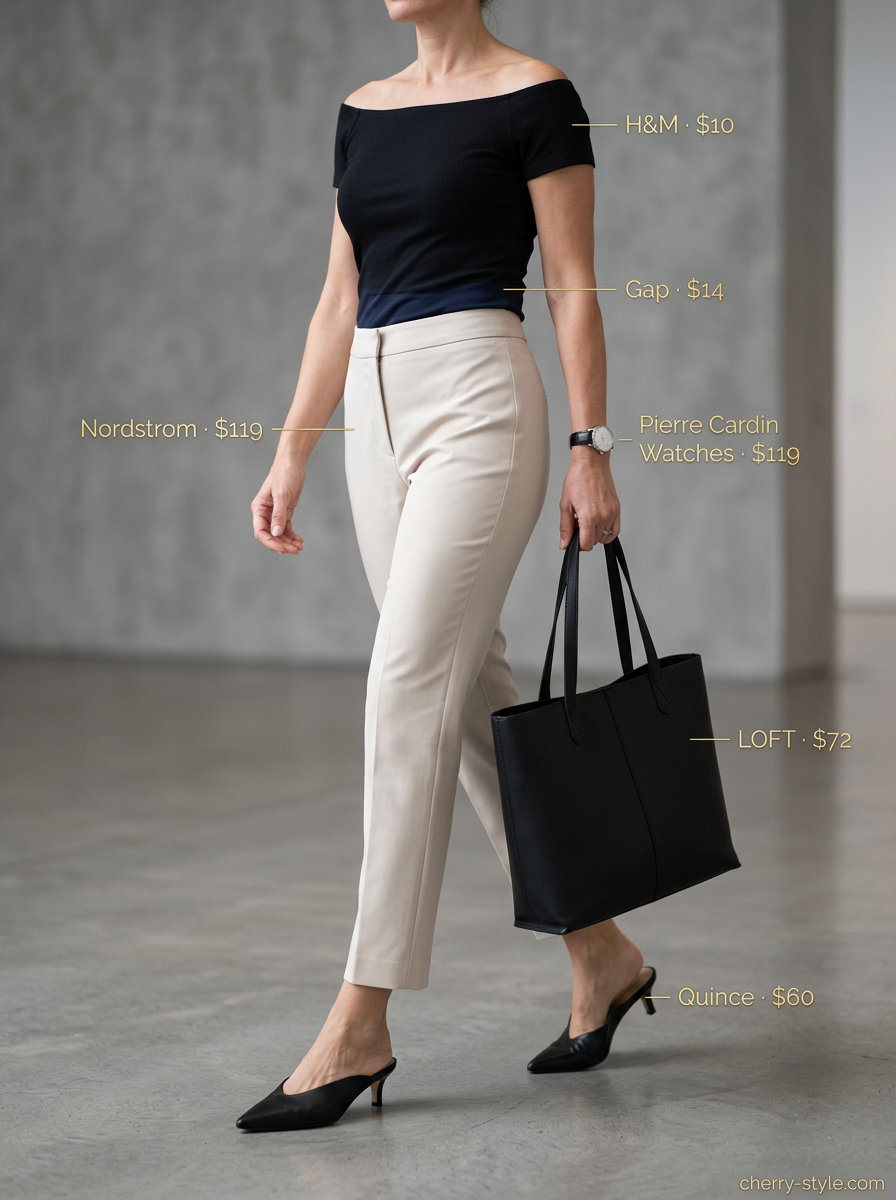 Navy boat neck knit top & cream capri pants city sophistication outfits for women 2026.