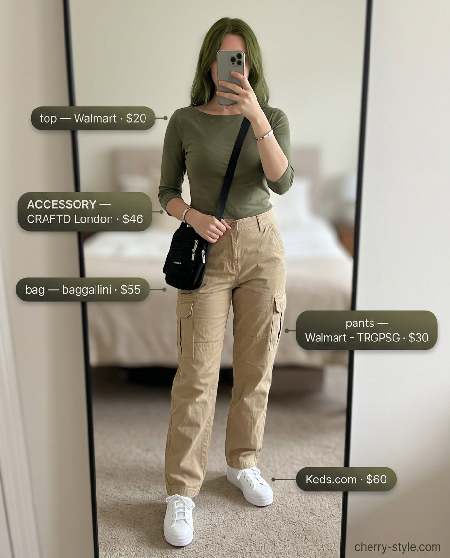 Olive green boat neck top & khaki cargo pants city exploration outfits for women 2026.