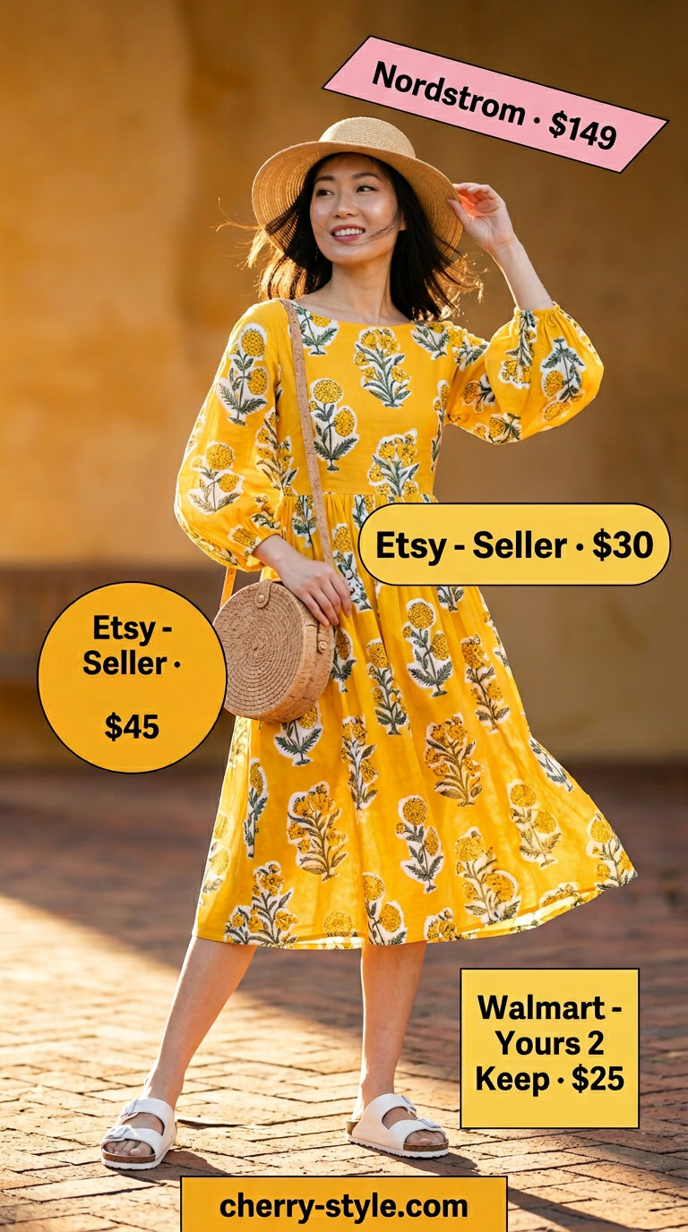 Yellow floral midi dress with boat neck and cork sandals for patio brunch summer Boat Neck outfits for women 2026.