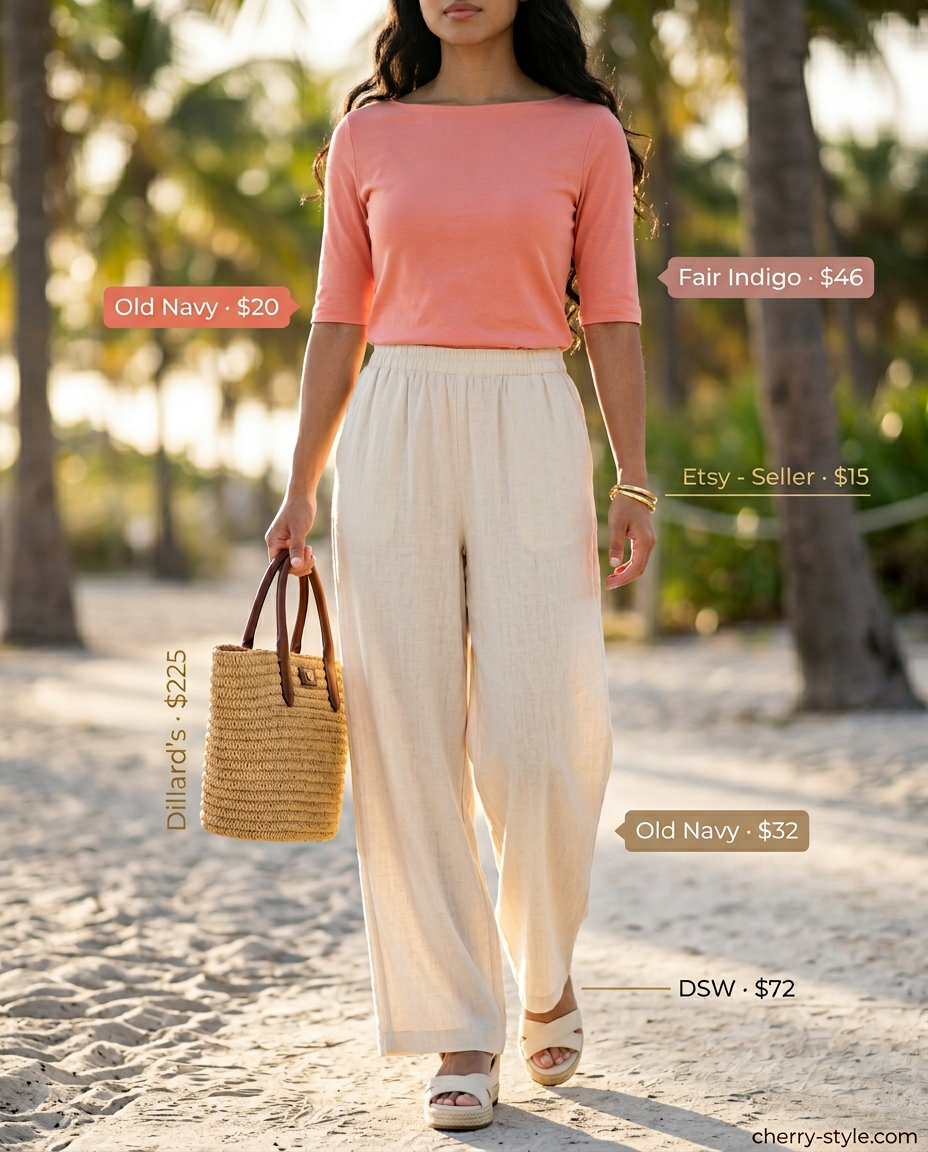 Summer boat neck outfits for women 2026: Coral boat neck top, linen pants, espadrille wedges for seaside.