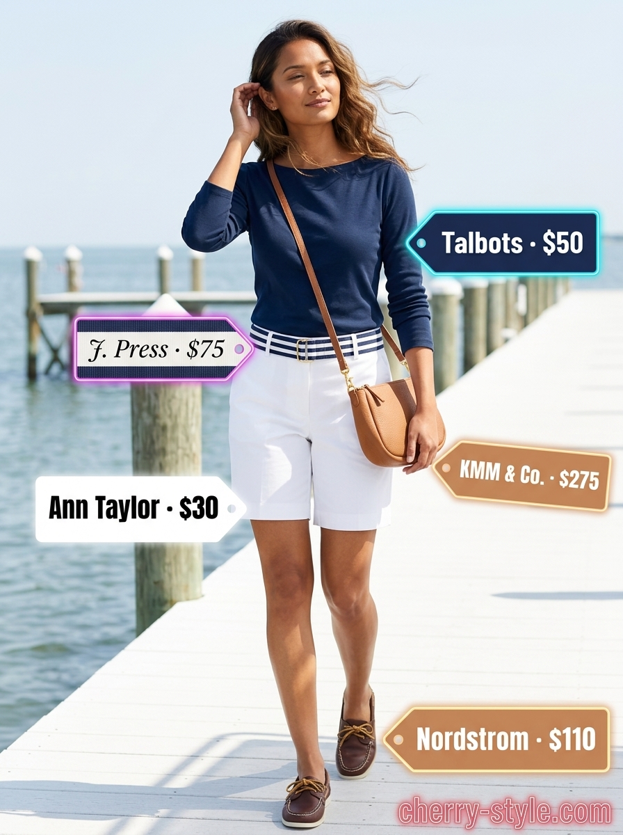 Navy boat neck top, white chino shorts, and tan leather boat shoes for smart casual summer Boat Neck outfits for women 2026.