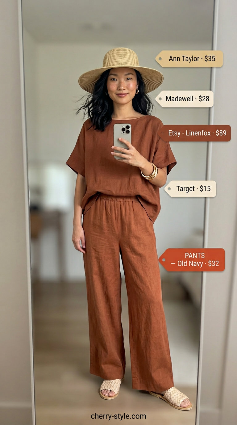 Terracotta linen boat neck top & wide-leg pants vacation outfits for women 2026.