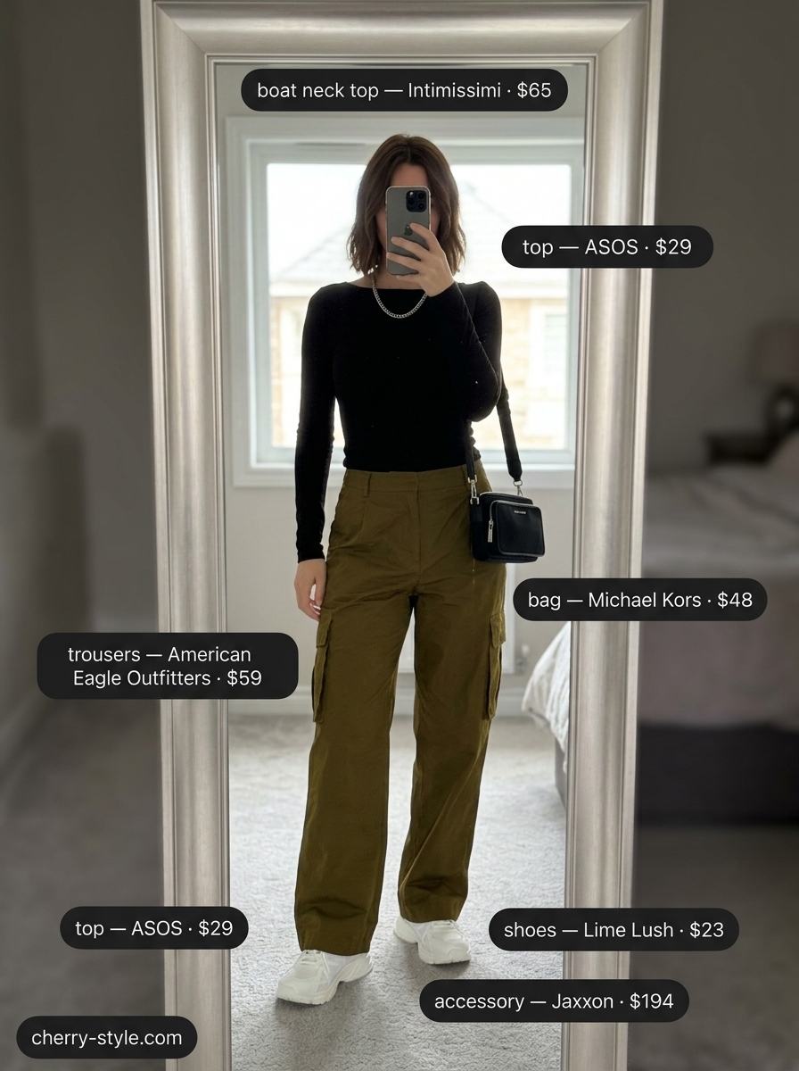 Summer boat neck outfits for women 2026: Black boat neck tee, olive cargo pants, white sneakers for urban exploration.