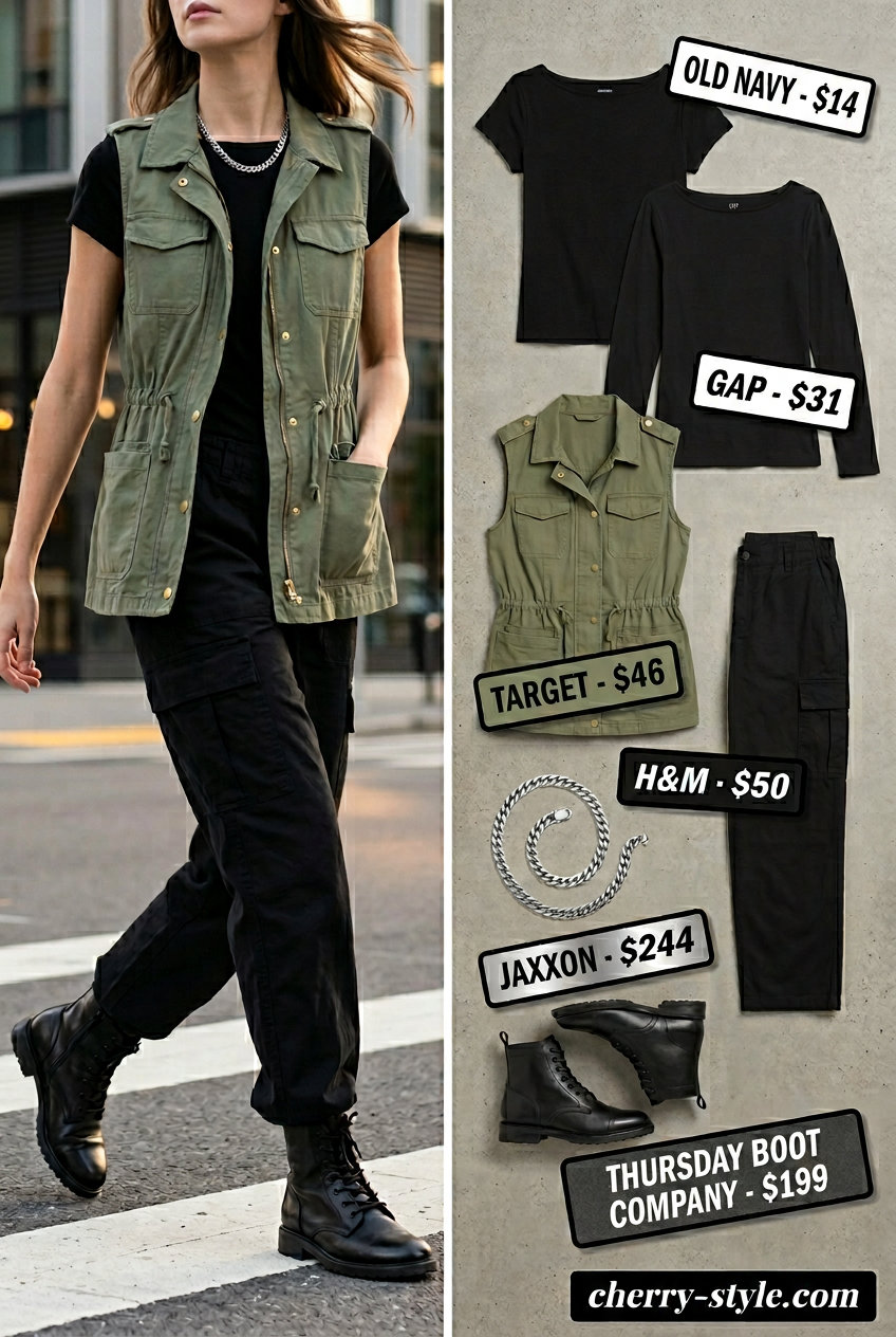 Olive utility vest over black boat neck tee, cargo pants, and combat boots for urban summer Boat Neck outfits for women 2026.