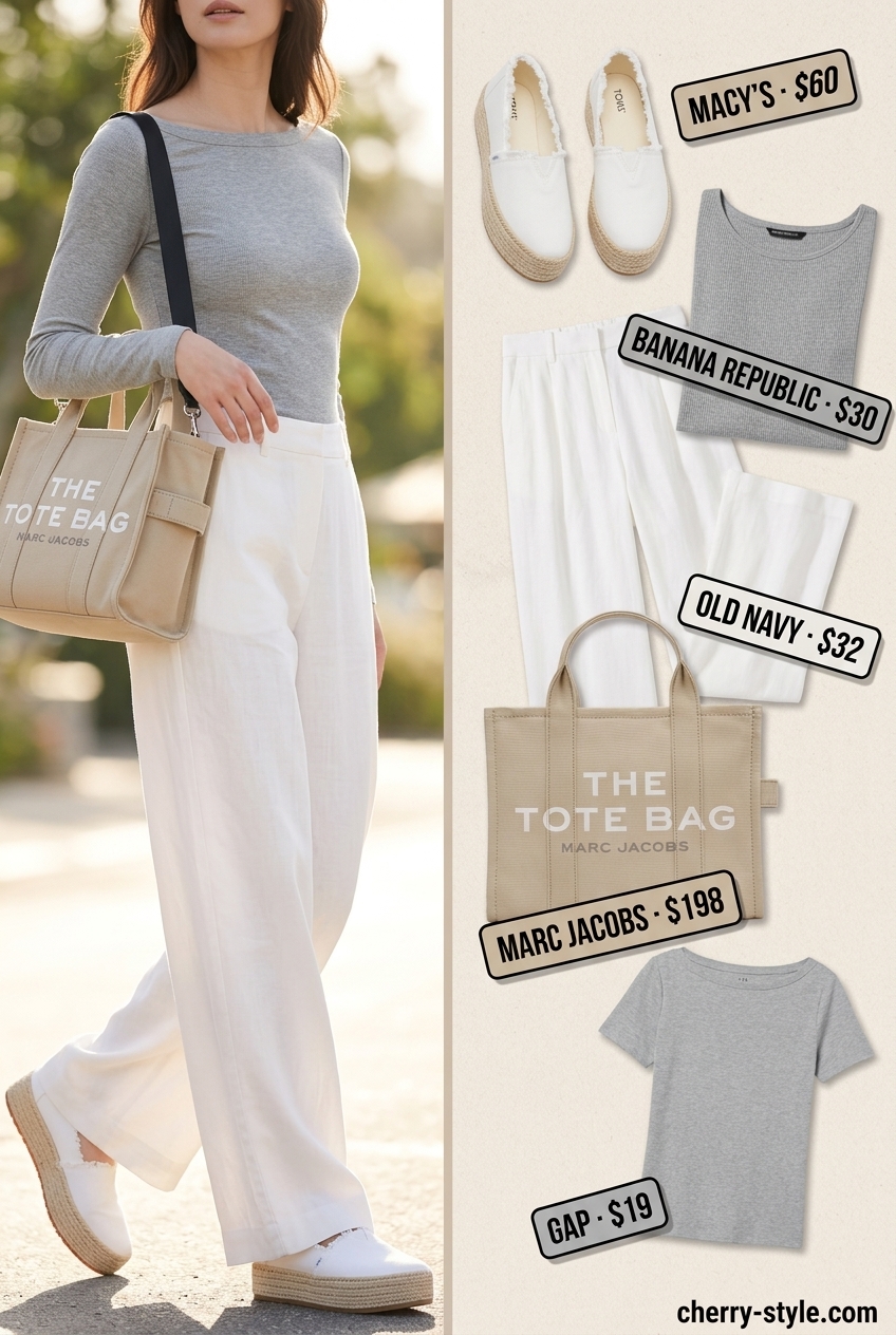 Summer boat neck outfits for women 2026: Grey boat neck tee, linen pants, white espadrilles for weekend comfort.