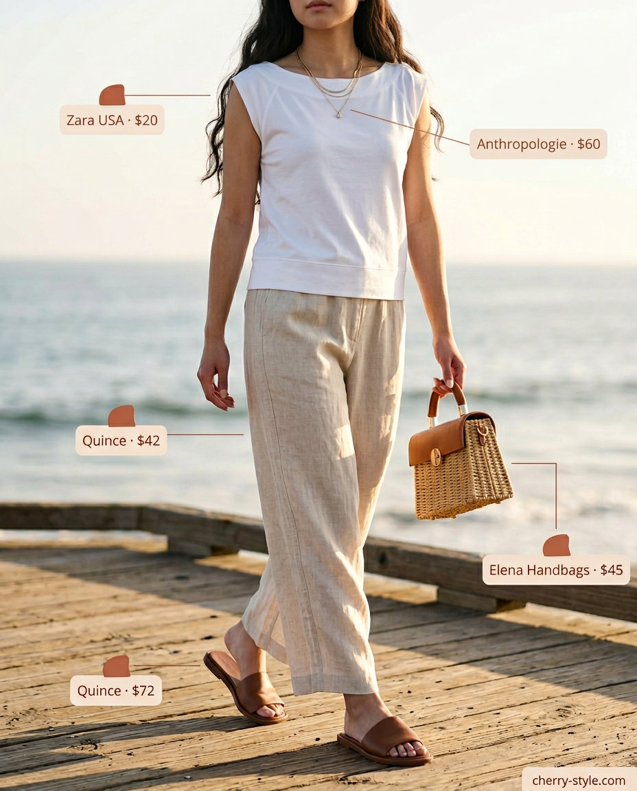White boat neck top & beige linen pants coastal outfits for women 2026.