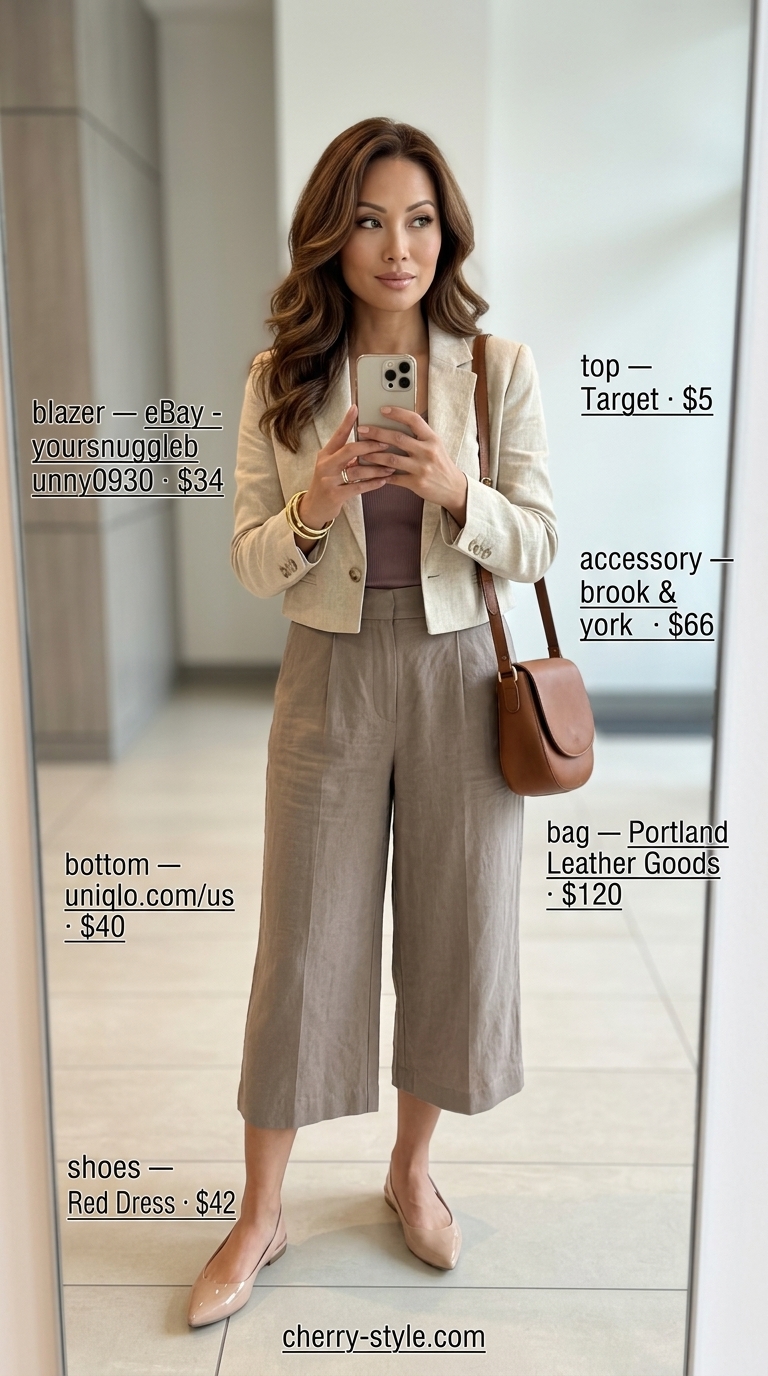 Summer business casual blazer outfit for women 2026: Beige blazer, white tank, linen culottes, and slingbacks for office.