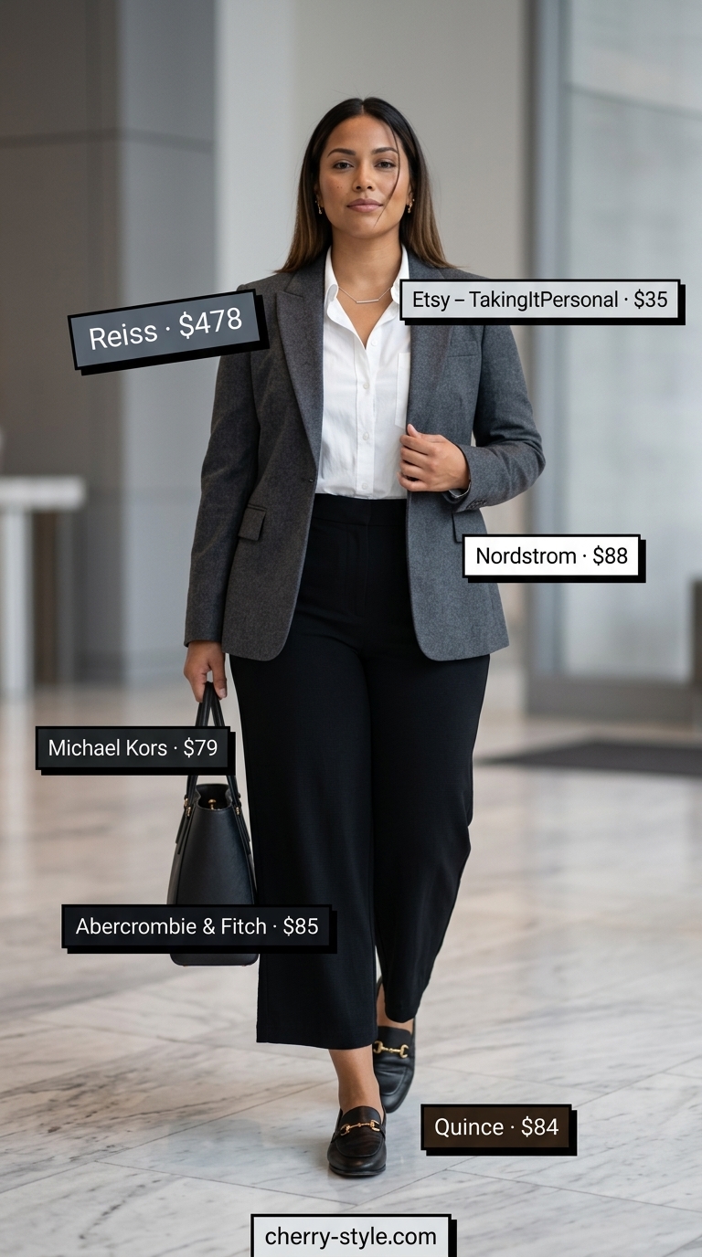 Summer business casual blazer outfit for women 2026: Charcoal blazer, white shirt, black culottes, and loafers for office.