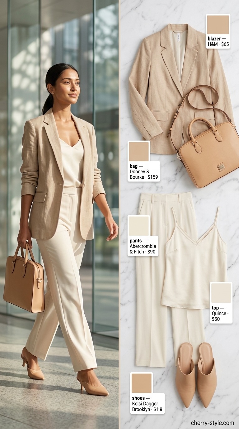 Summer business casual blazer outfit for women 2026: Cream blazer, off-white cami, white trousers, and mules for office.