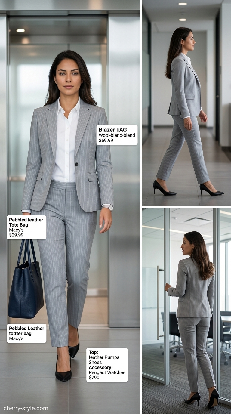 Authoritative summer business casual blazer outfit for women 2026. Light grey pinstripe suit for conferences.