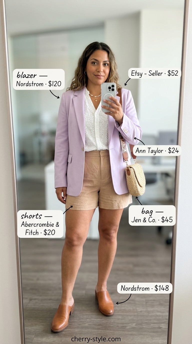 Feminine summer business casual blazer outfit for women 2026. Pastel lavender blazer with white shorts.