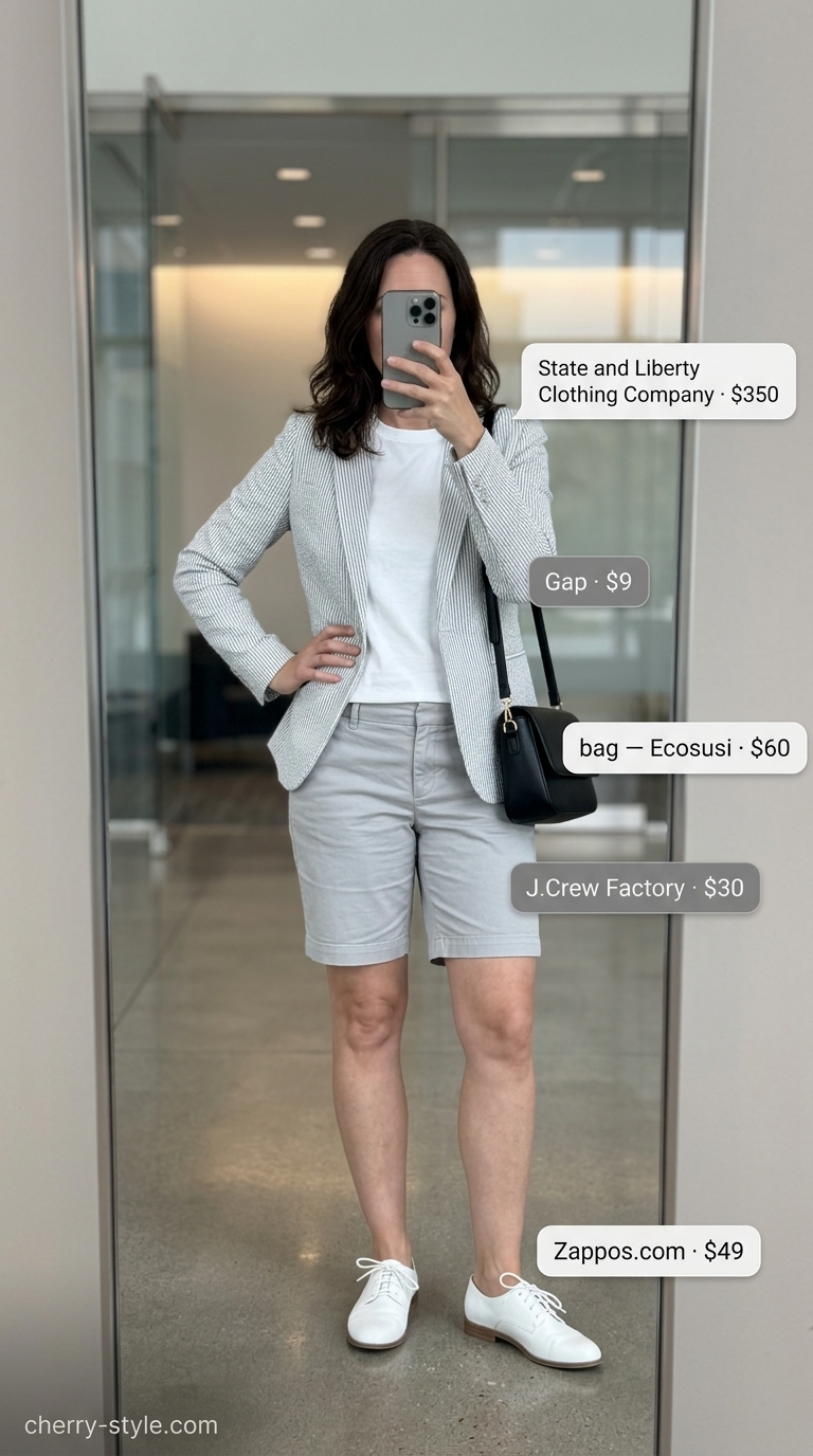 Summer business casual blazer outfit for women 2026: Light grey blazer, white tee, black shorts, and sneakers for office.