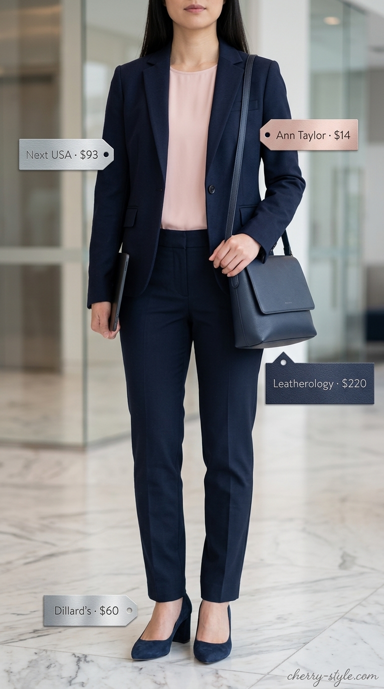 Summer business casual blazer outfit for women 2026: Navy skirt, white top, blush blazer, and silver heels for formal office.