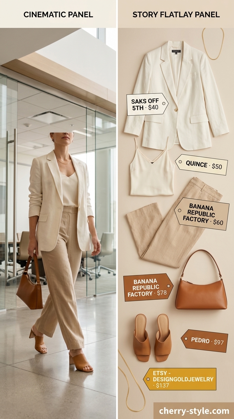 Summer business casual blazer outfit for women 2026: Off-white blazer, cream cami, tan trousers, and mules for office.