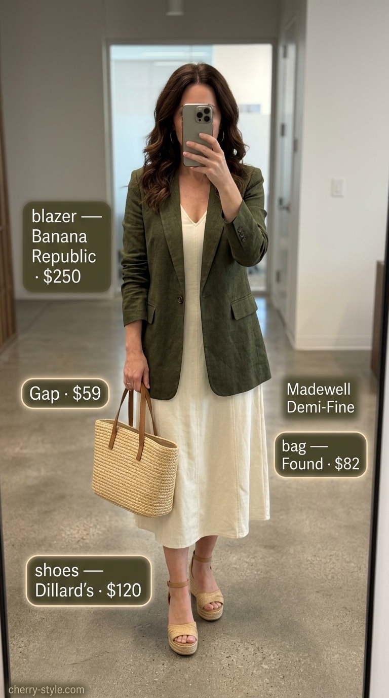 Summer business casual blazer outfit for women 2026: Olive blazer, ivory dress, straw bag, and espadrilles for creative office.