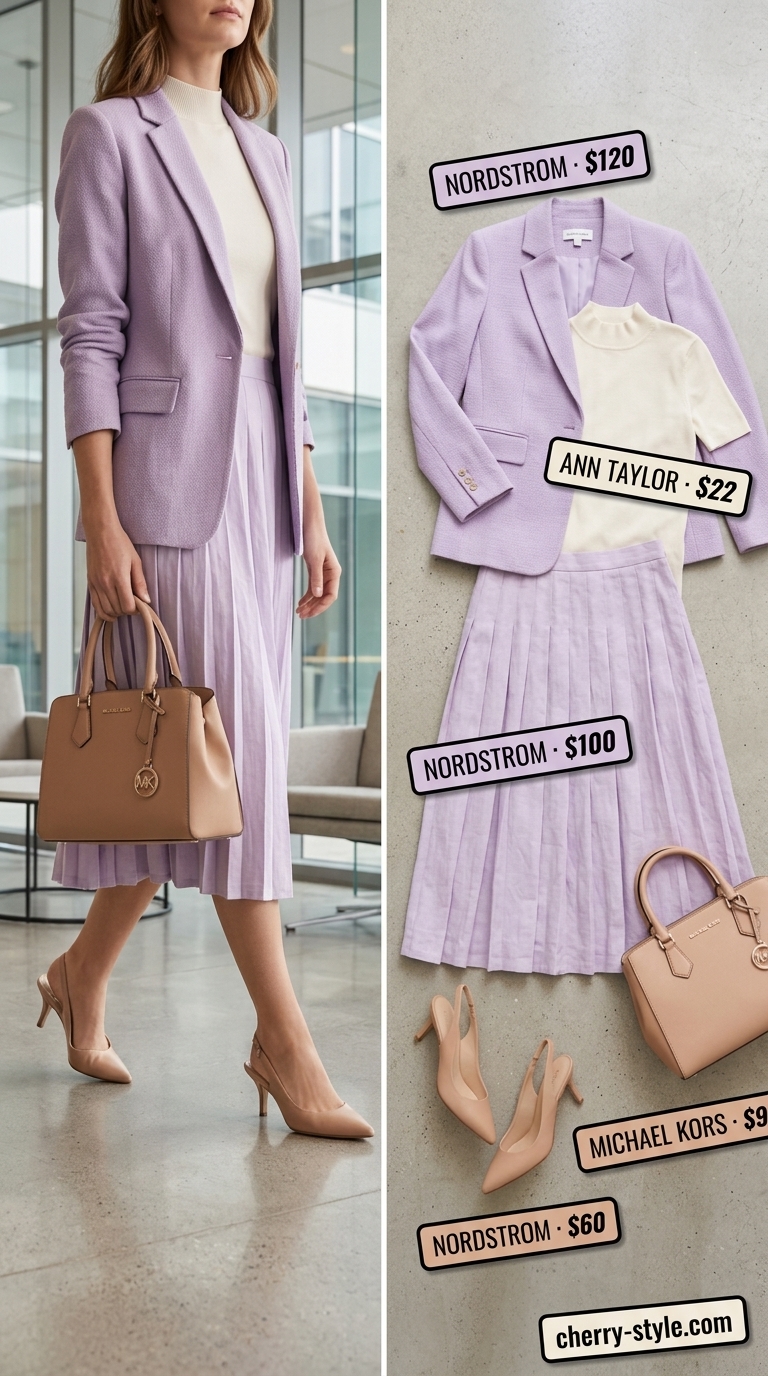 Feminine summer business casual blazer outfit for women 2026. Lavender blazer with cream skirt.