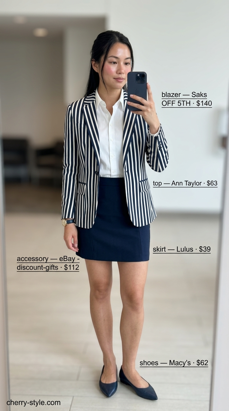 Summer business casual blazer outfit for women 2026: Pinstripe blazer, white shirt, mini skirt, and ballet flats for office.