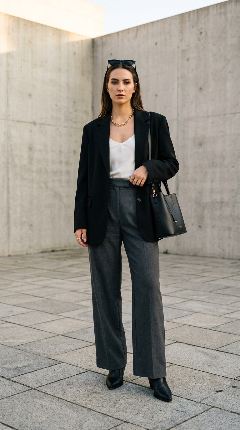 Edgy summer business casual blazer outfit for women 2026. Black collarless blazer with slim-fit pants.