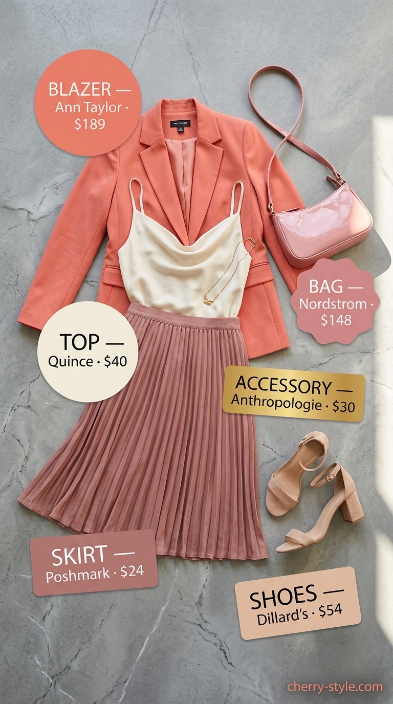 Glamorous summer business casual blazer outfit for women 2026. Coral blazer with ivory skirt.