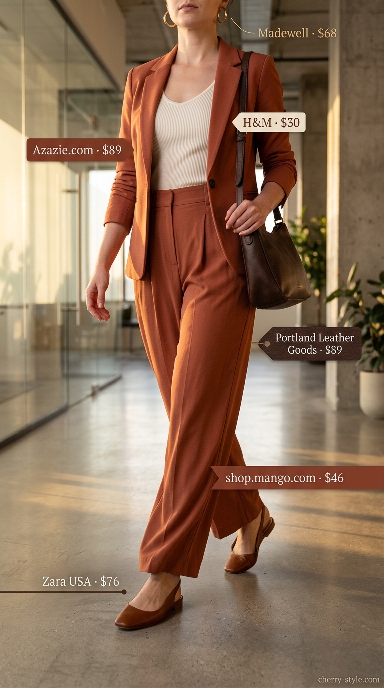 Summer business casual blazer outfit for women 2026: Terracotta blazer, cream top, brown trousers, and flats for office.